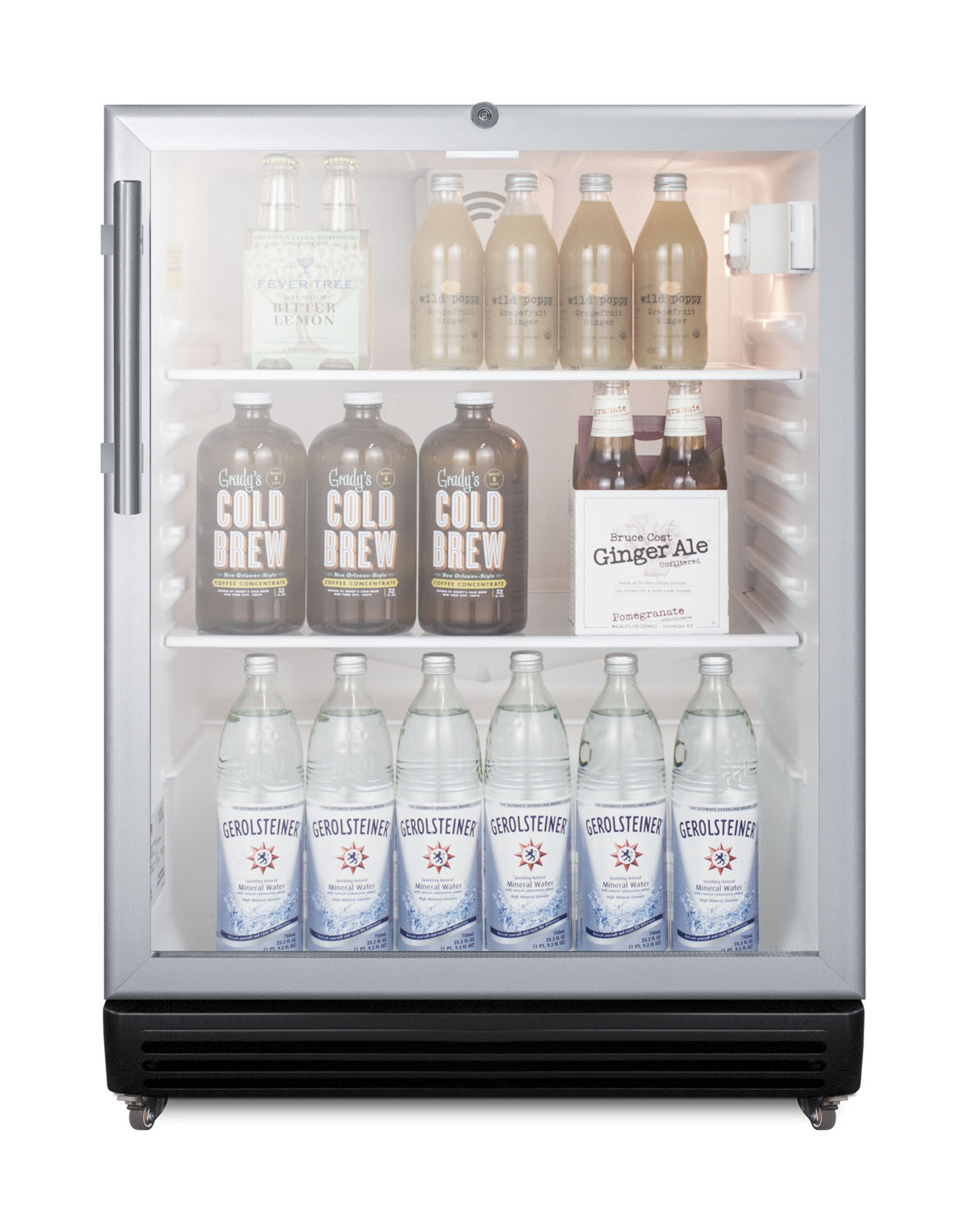 Commercial 5.5 cu.ft. glass door beverage center with stainless steel work surface, front lock, and pre-installed 1